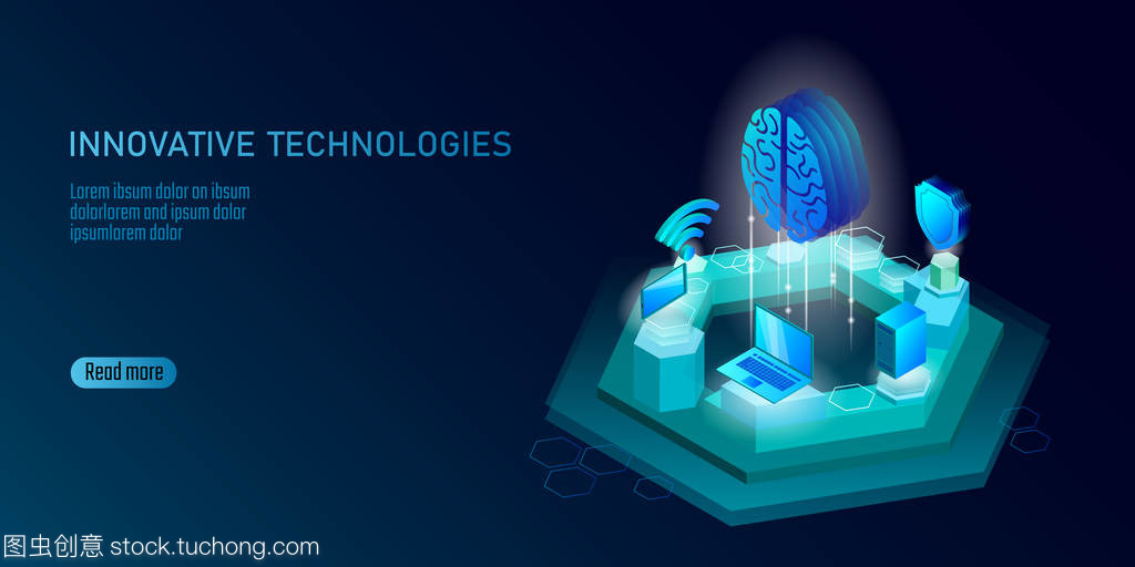 等距人工智能業務概念。藍色發光等距個人信息數據連接 pc 智能手機人腦未來技術。3d 圖表矢量圖