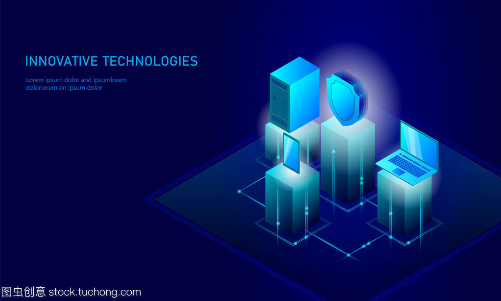 等距互聯(lián)網(wǎng)安全盾的經(jīng)營理念。藍色發(fā)光等距個人信息數(shù)據(jù)連接 pc 智能手機未來技術。3d 圖表矢量圖